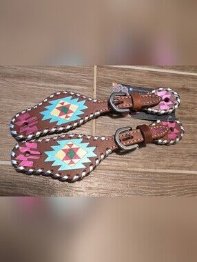 Kids Brown Leather Western Spur Straps with Turquoise & Pink Aztec Design